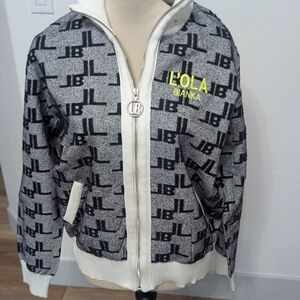 Women's Black & White Zip-Up Logo Knit Jacket